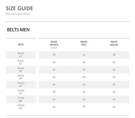 lv men's belt size chart